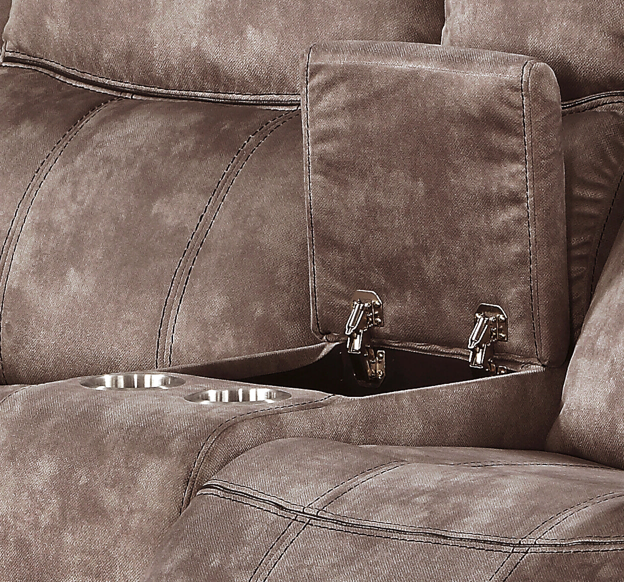 Brown microfiber sofa with builtin cup holders and storage console