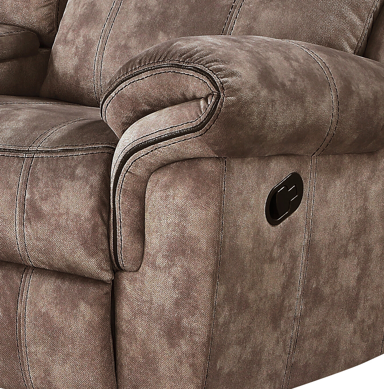 Closeup of a plush brown recliner armchair armrest with contrasting stitching and pull lever