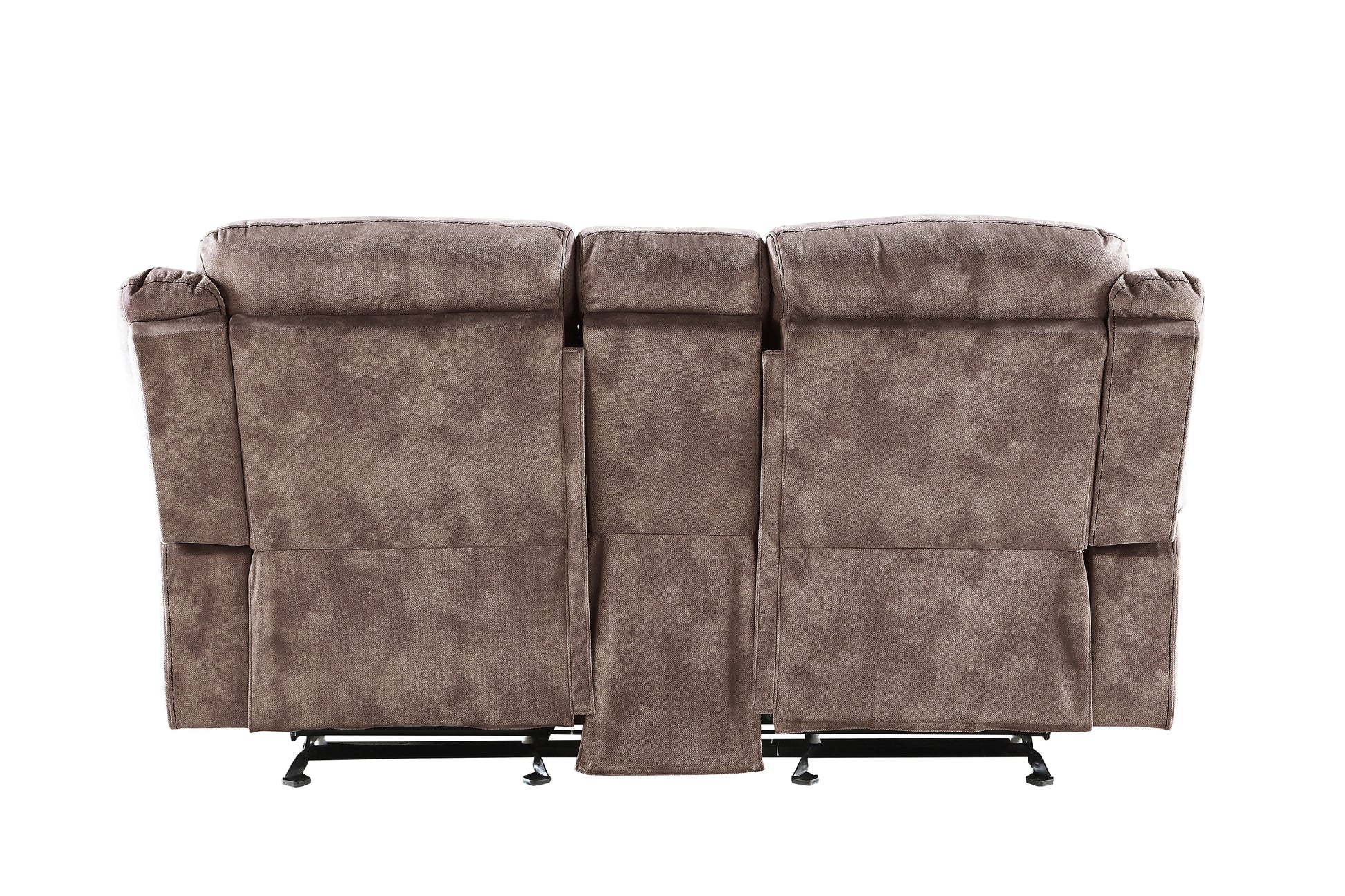 Back view of a plush brown fabric threeseater recliner sofa with padded arms