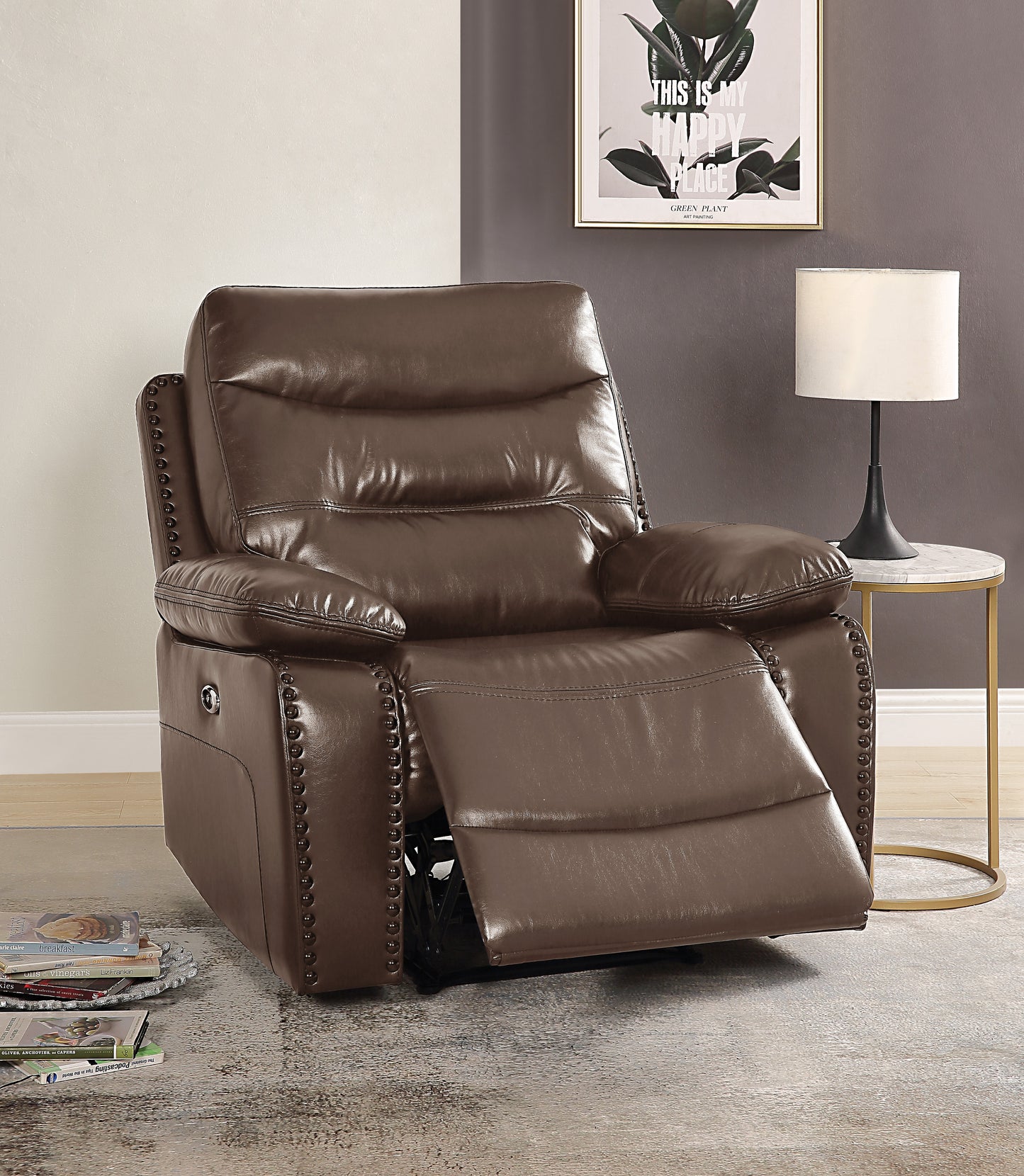 Brown faux leather recliner chair with studded accents and lumbar support