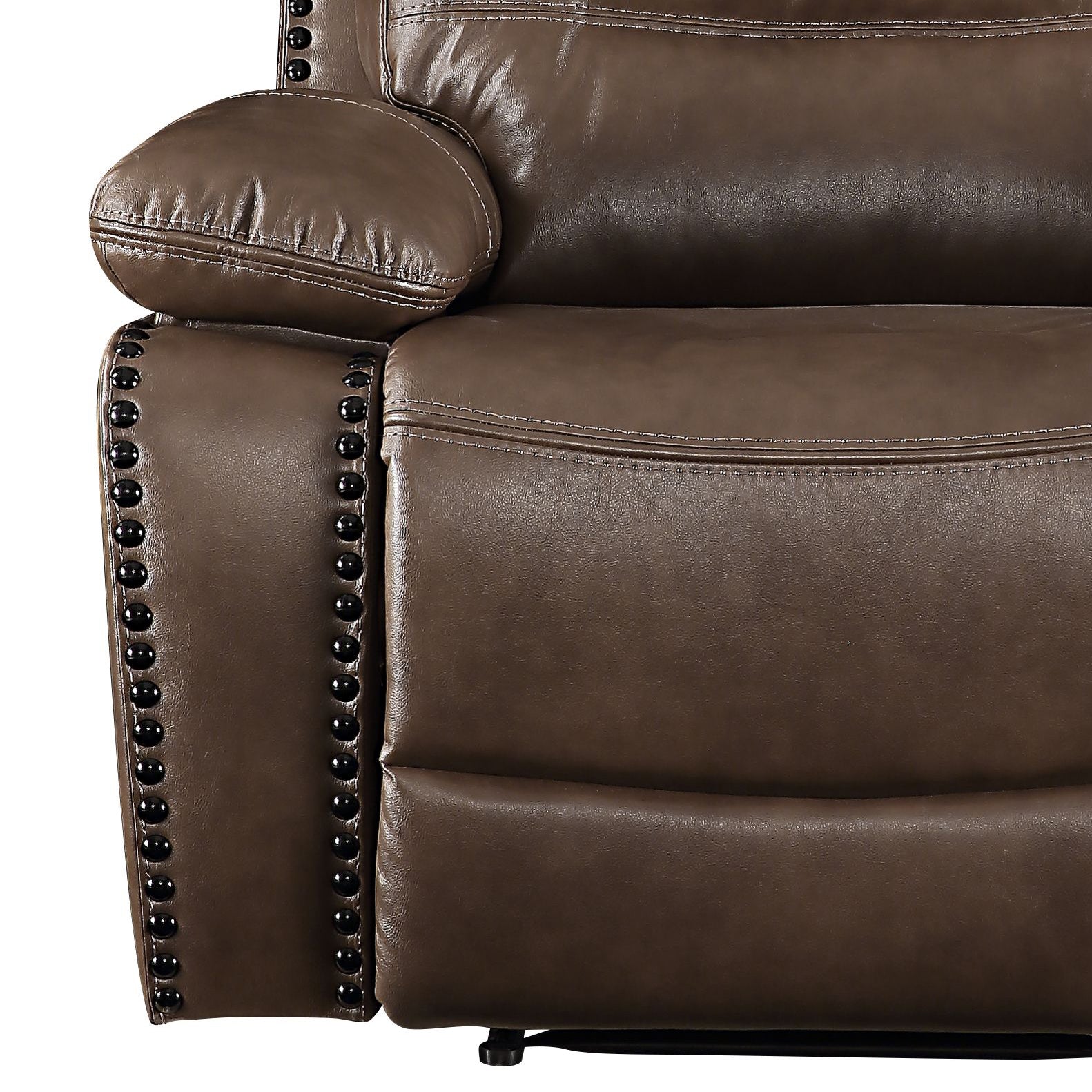 Brown leather recliner armchair with studded armrest and stitched detailing