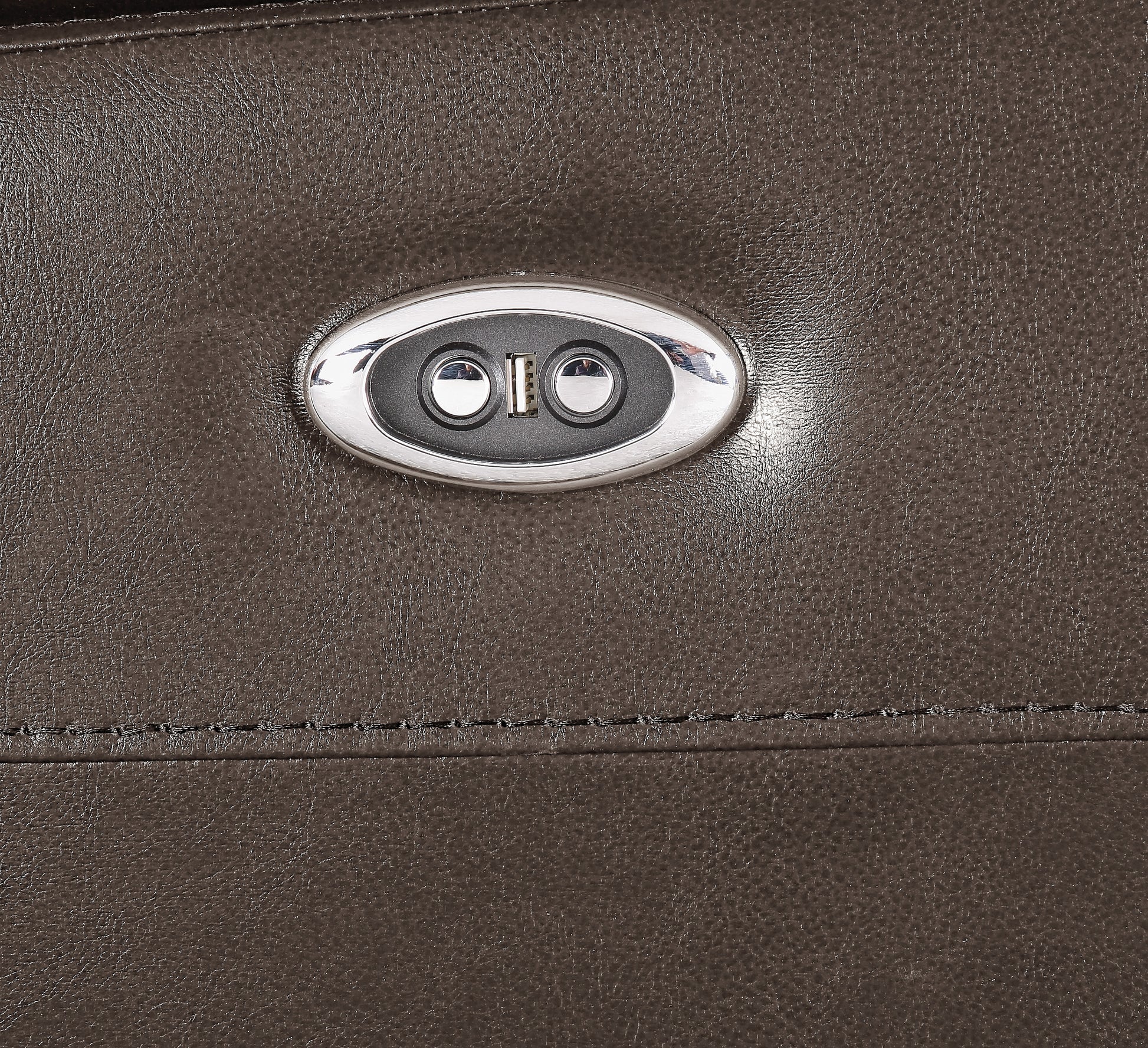 Brown leather recliner control with dual USB charging ports