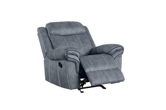 Gray fabric recliner chair with white stitching and footrest extended