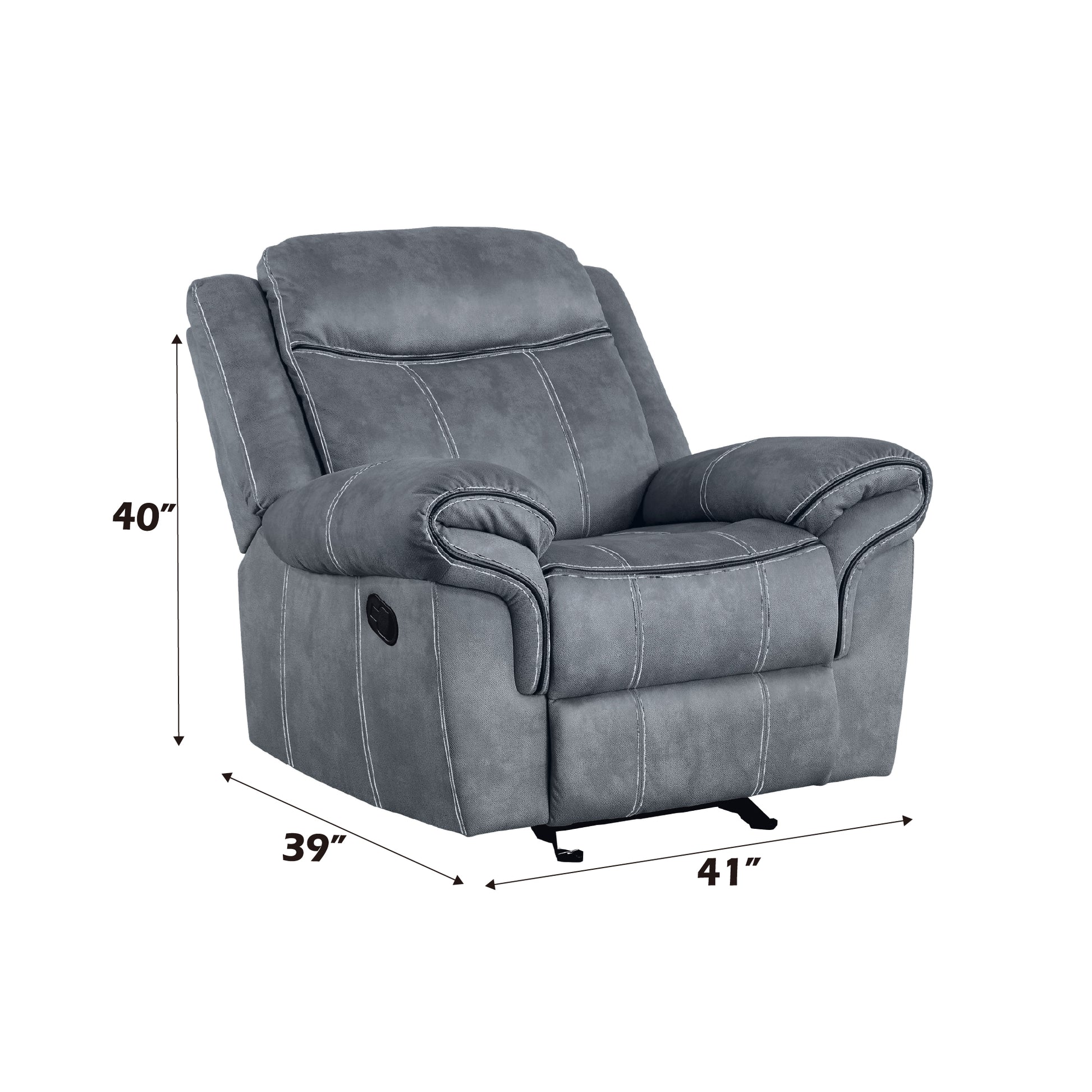 Grey reclining armchair with white stitching and dimensions xx inches