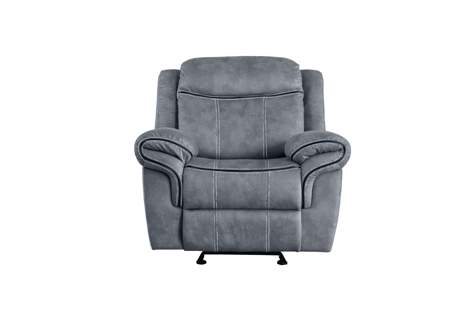 Gray fabric recliner chair with white contrast stitching and plush armrests