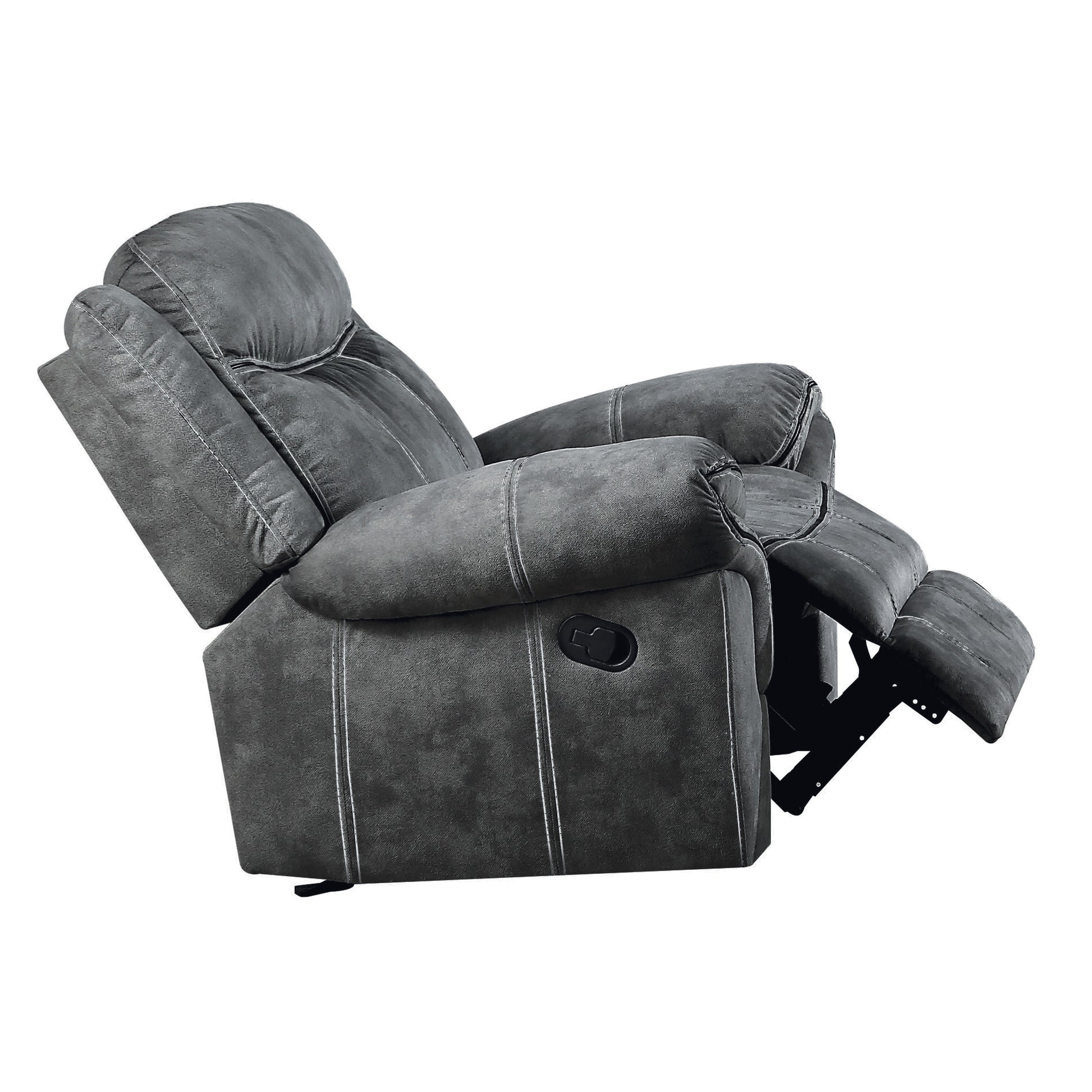 Dark gray fabric recliner chair with extended footrest and stitched details offering ultimate comfort