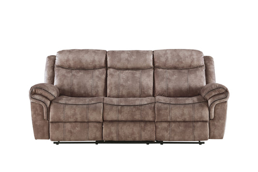 Taupe reclining sofa with plush cushions and visible stitching details ideal for living rooms