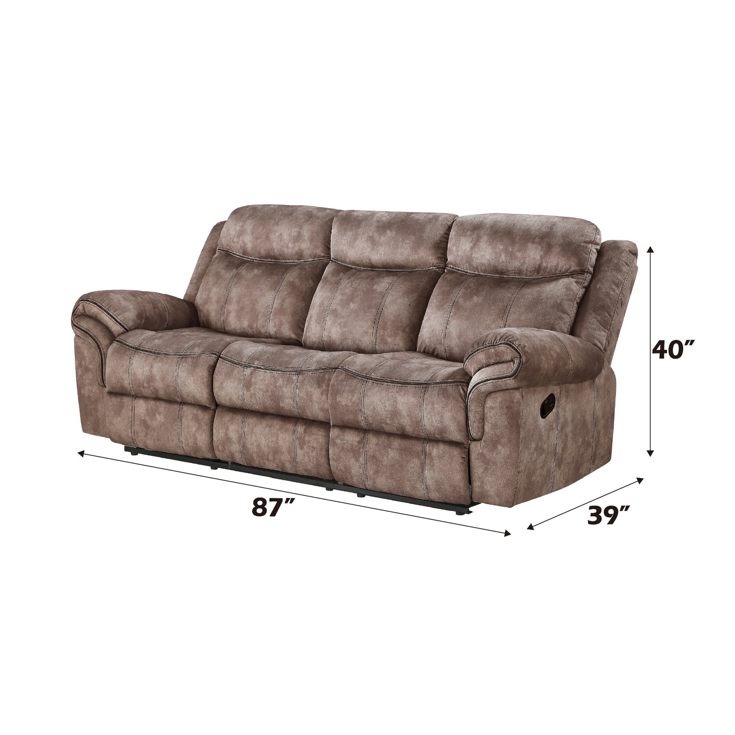 Brown microfiber reclining sofa with plush cushions and detailed stitching  W