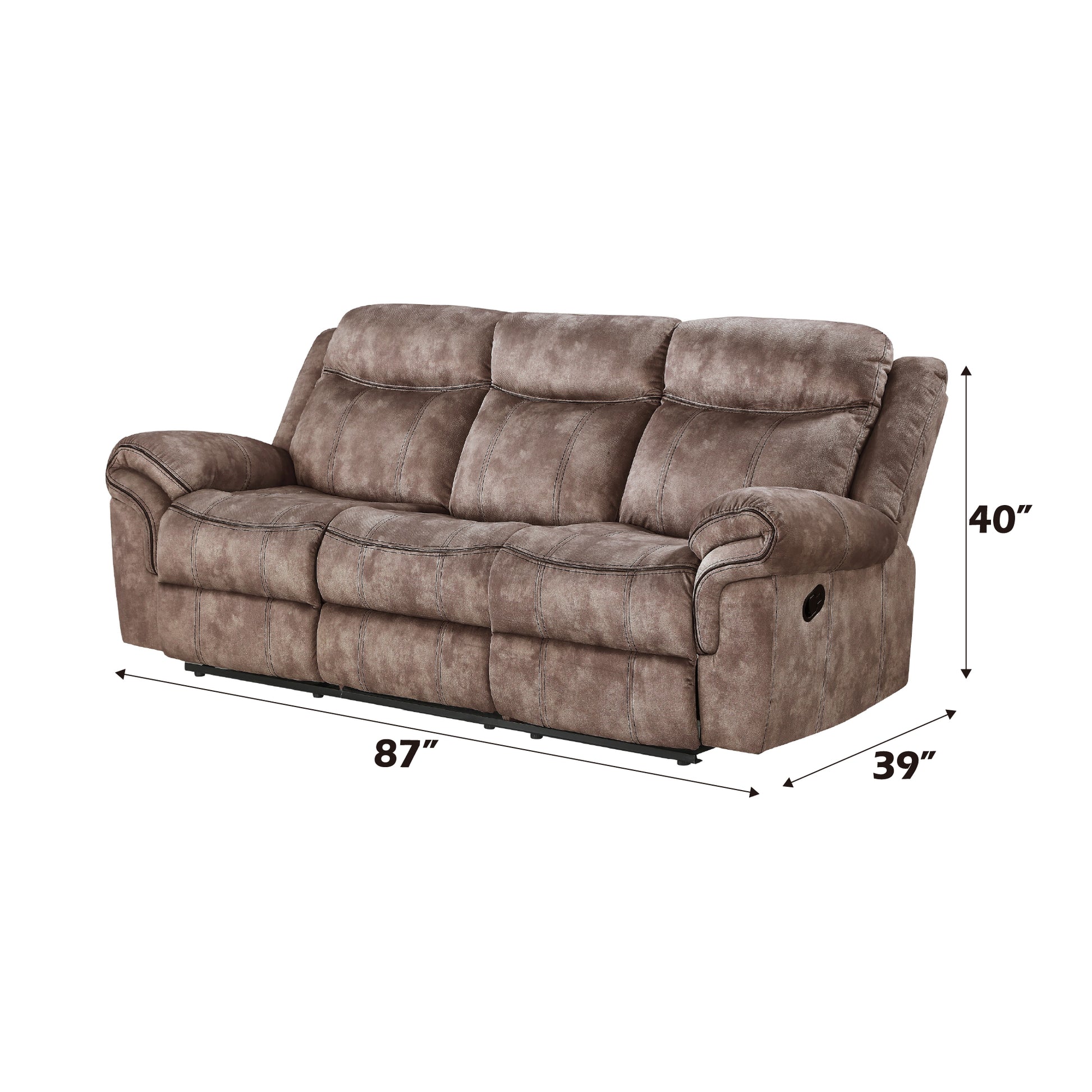 Brown microfiber reclining sofa with plush cushions and detailed stitching  W