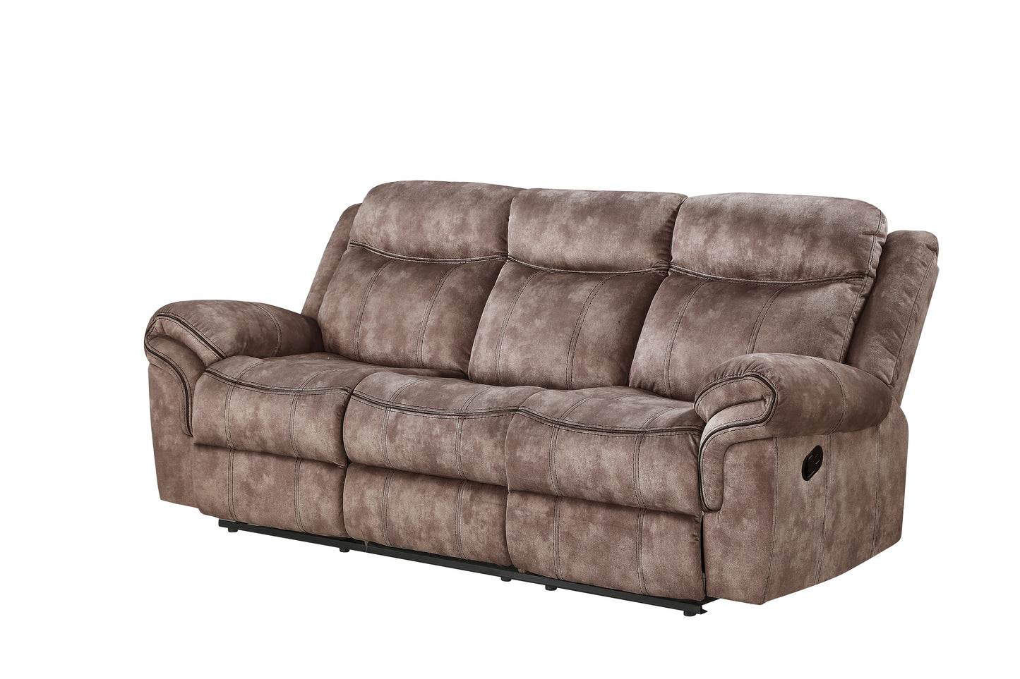 Brown plush recliner sofa with three seats and padded arms for ultimate comfort