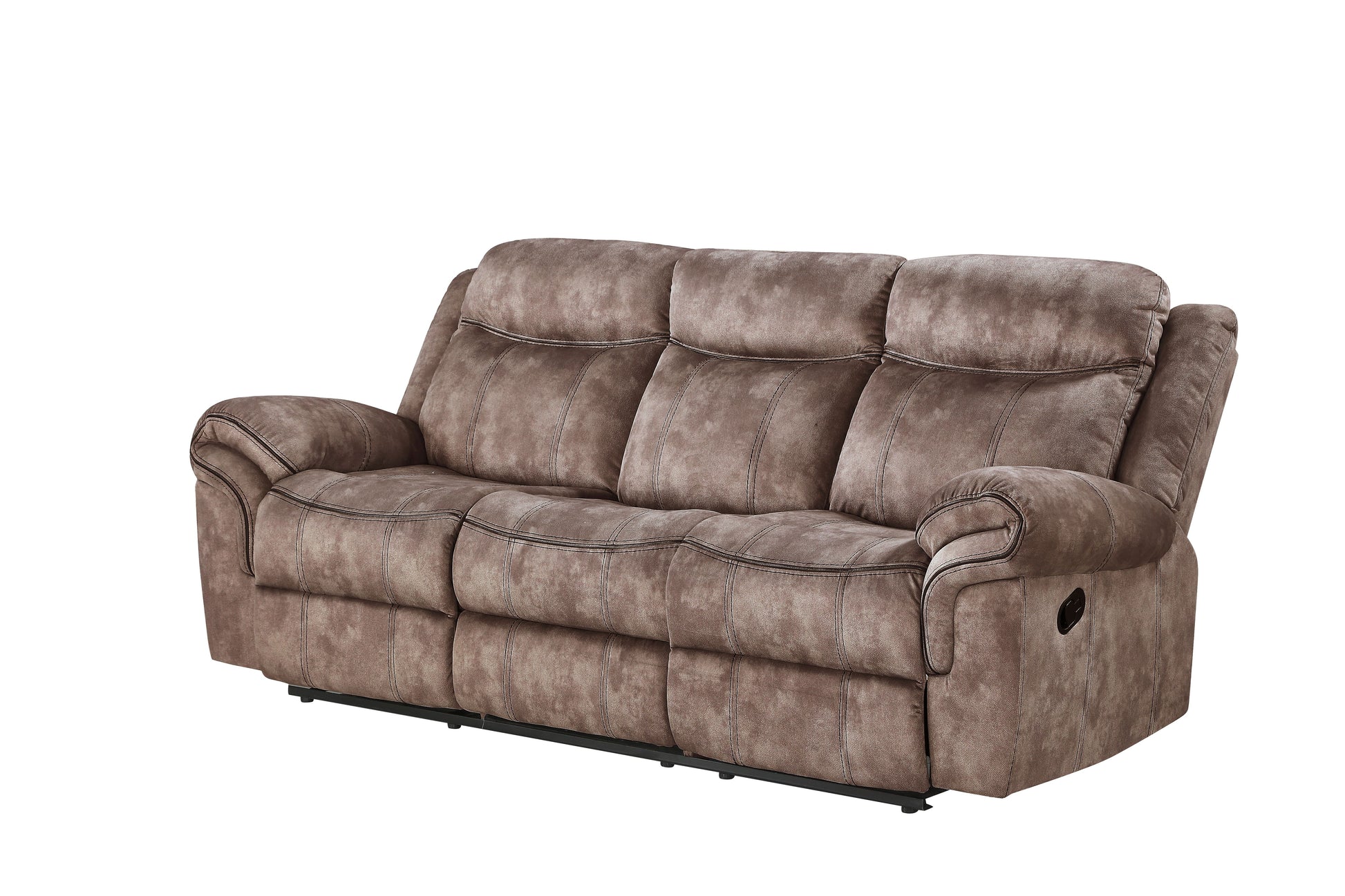 Taupe microfiber threeseater recliner sofa with stitched detailing and plush cushions