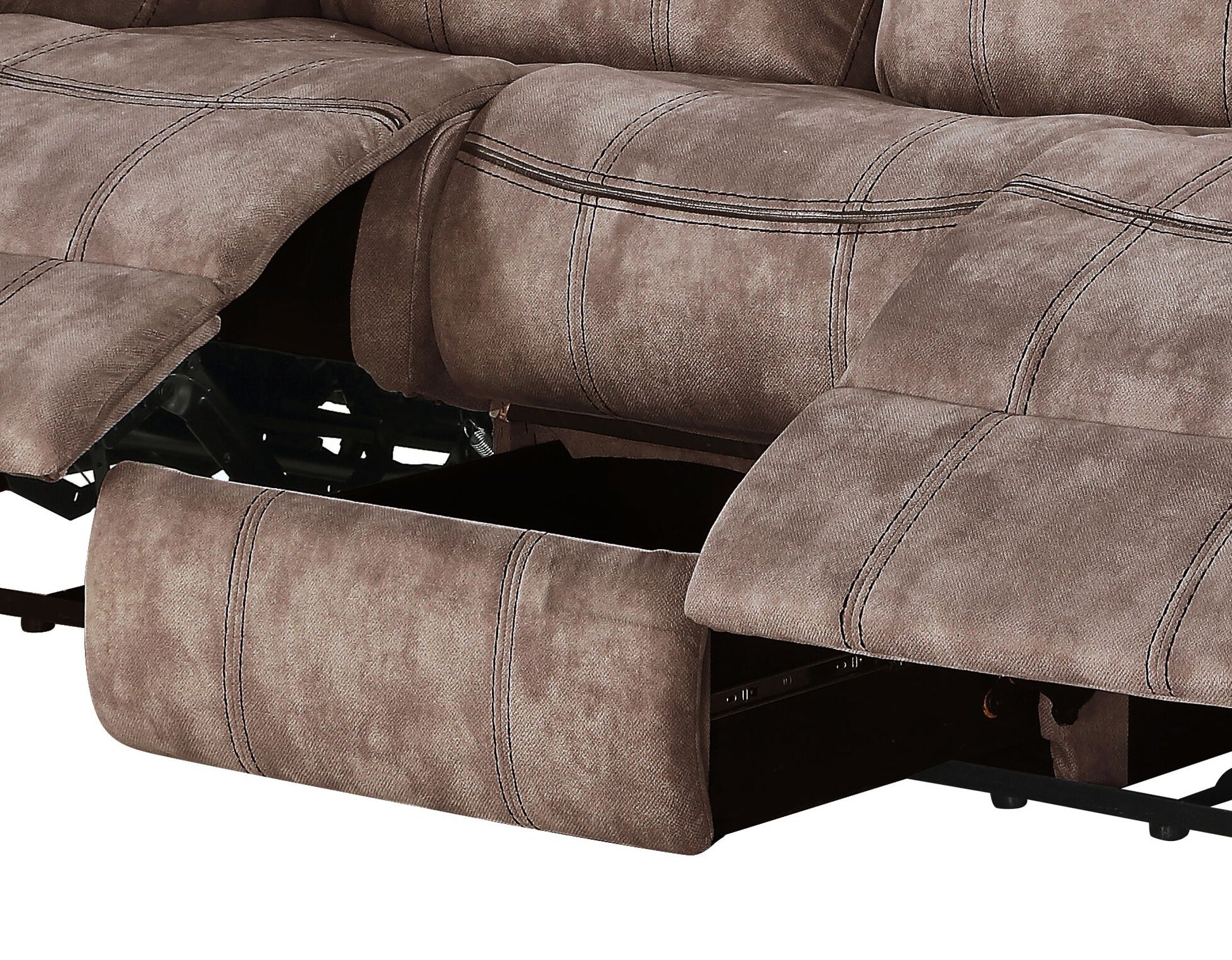 Taupe fabric reclining sofa with storage compartment open showcasing interior