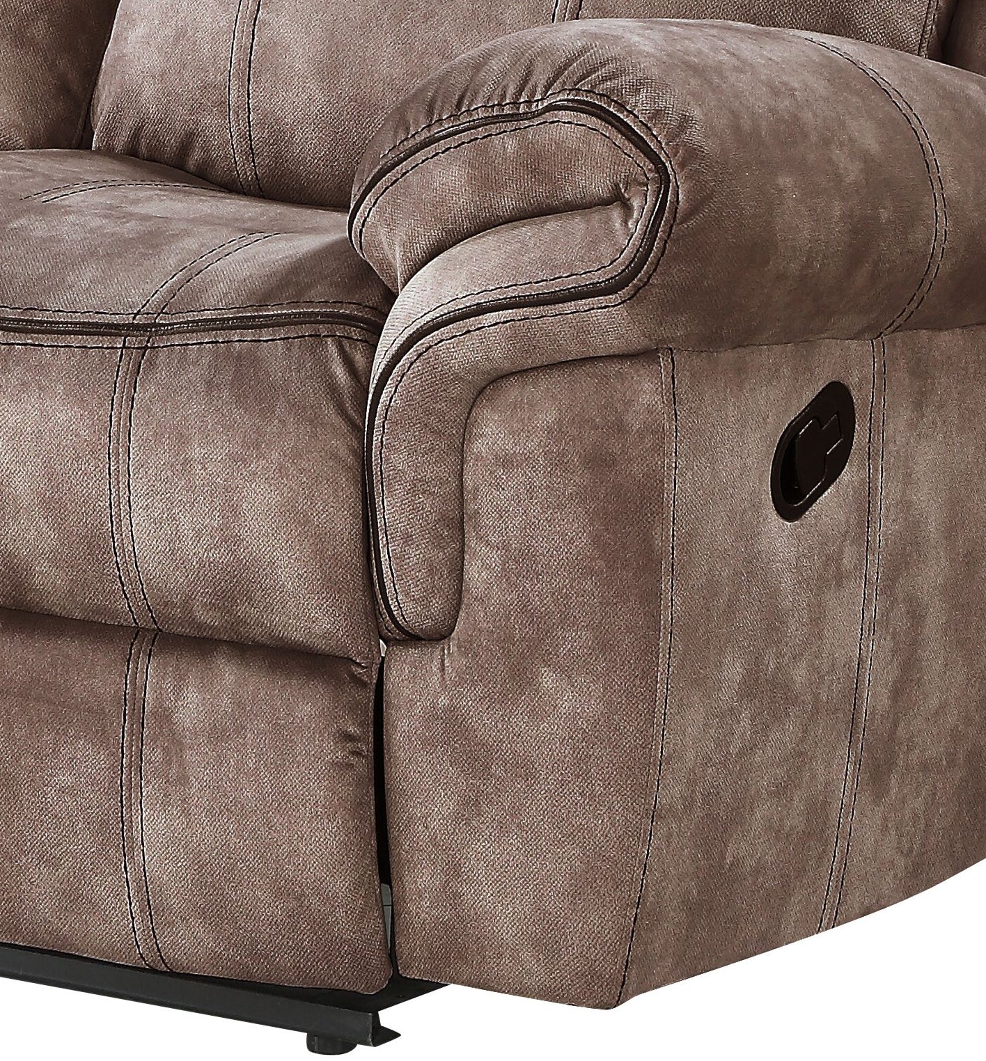 Closeup of a plush brown fabric recliner arm with detailed stitching and reclining lever