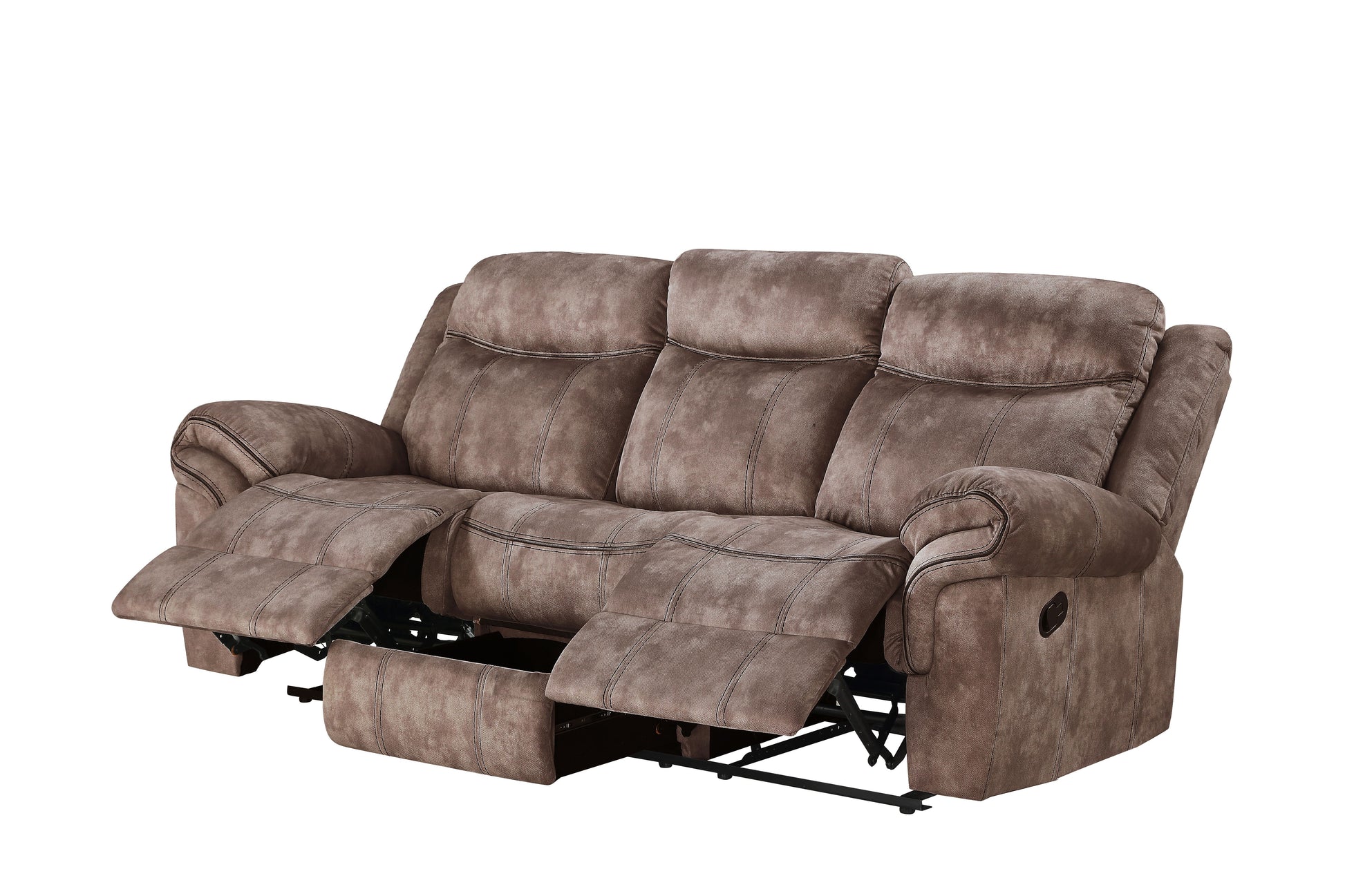 Brown fabric reclining sofa with three seats and extended footrests for ultimate relaxation