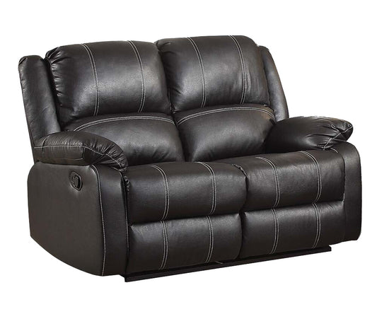 Black leather loveseat recliner with white stitching and plush cushions