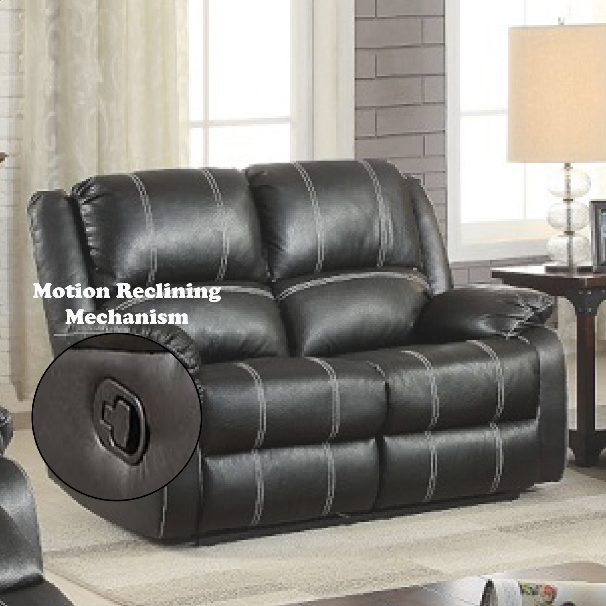 Dark brown faux leather loveseat with white stitching and a reclining mechanism