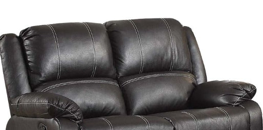 Black leather loveseat with white stitching featuring plush cushions and padded arms for ultimate comfort