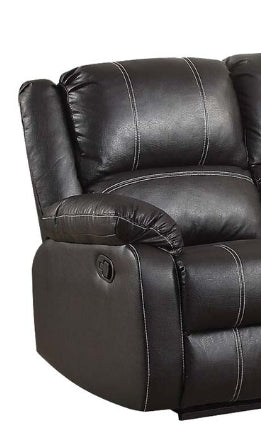 Dark brown faux leather recliner with white stitching and a lever on the side