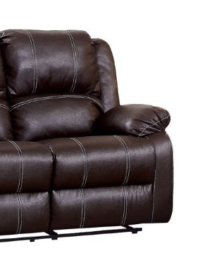 Dark brown leather recliner sofa with white stitching and padded armrests