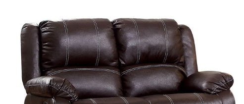 Brown faux leather recliner sofa with white stitching detail