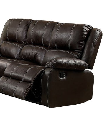 Dark brown leather recliner sofa with stitched detailing and plush cushions