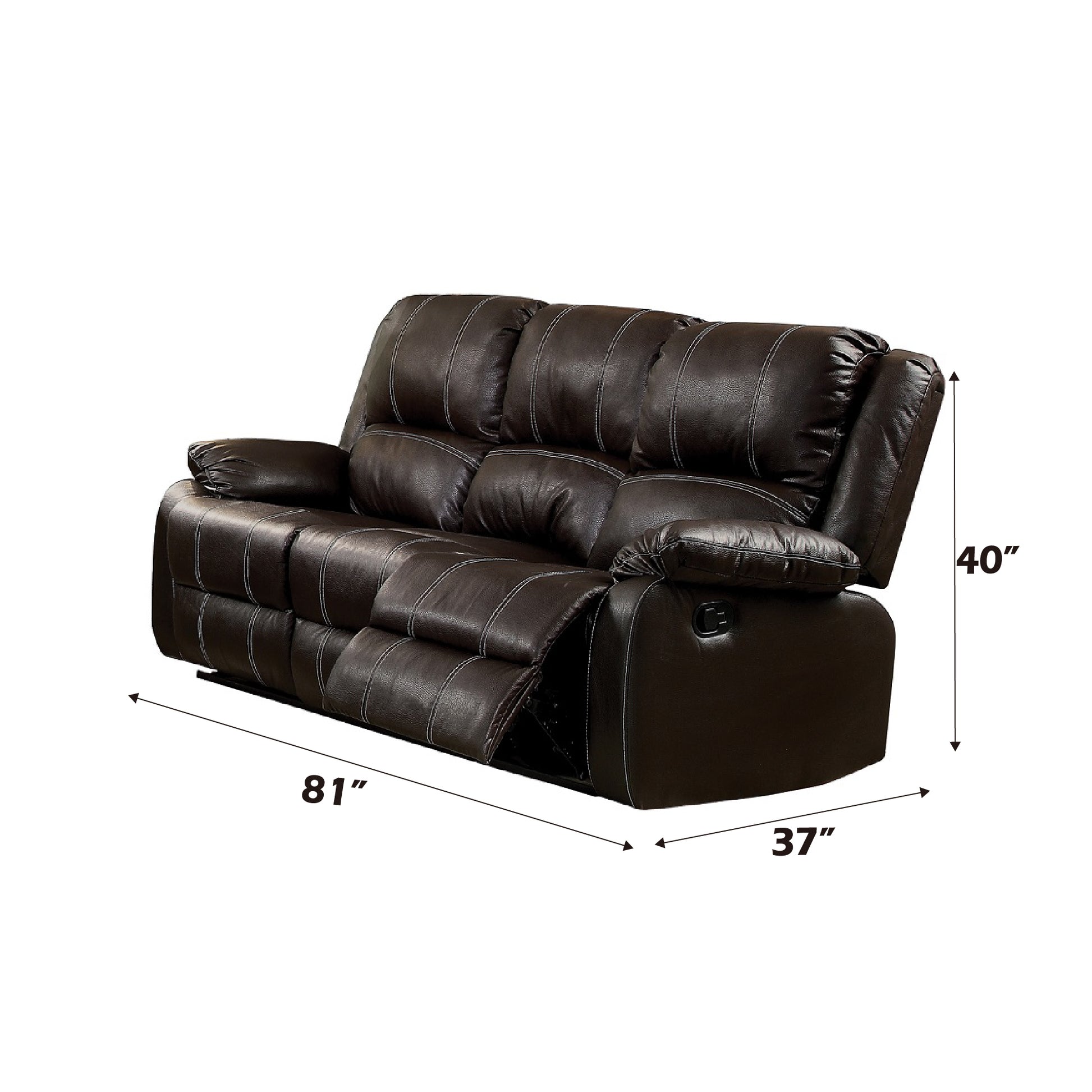 Brown faux leather reclining sofa with white stitching and plush cushions perfect for home theater seating