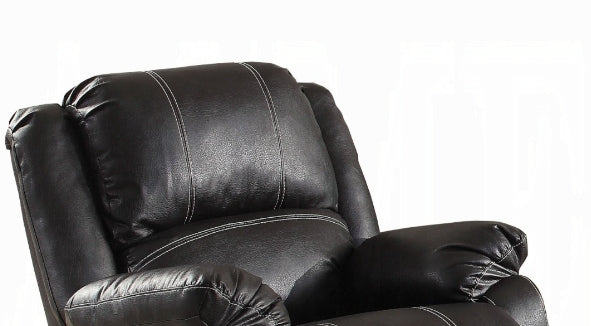 Black faux leather recliner with white stitching detail