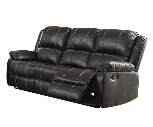Black leather reclining sofa with white stitching plush cushions for comfortable seating