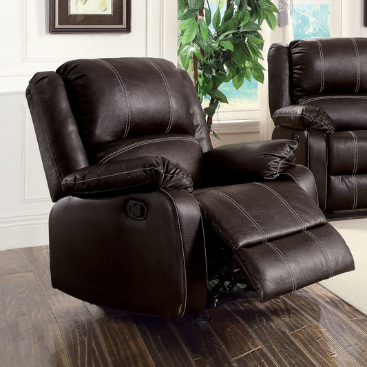 Dark brown leather recliner chair with white stitching and extended footrest