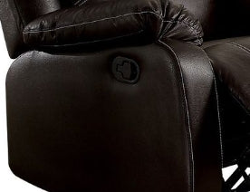 Dark brown faux leather recliner sofa armrest with a pull lever