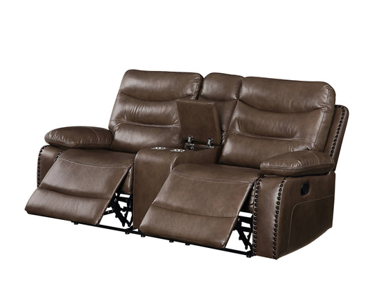 Brown leather loveseat recliner with builtin cup holders and storage console
