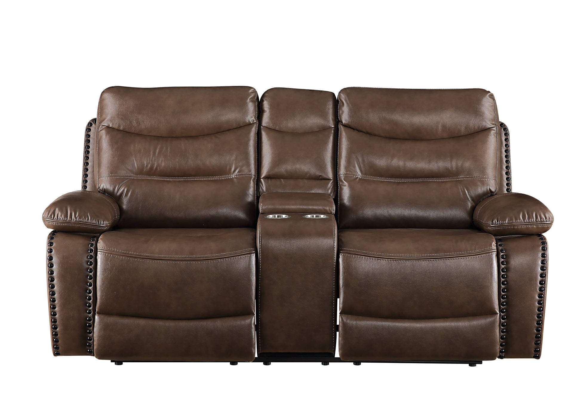 Brown leather loveseat recliner with cup holders and nailhead trim