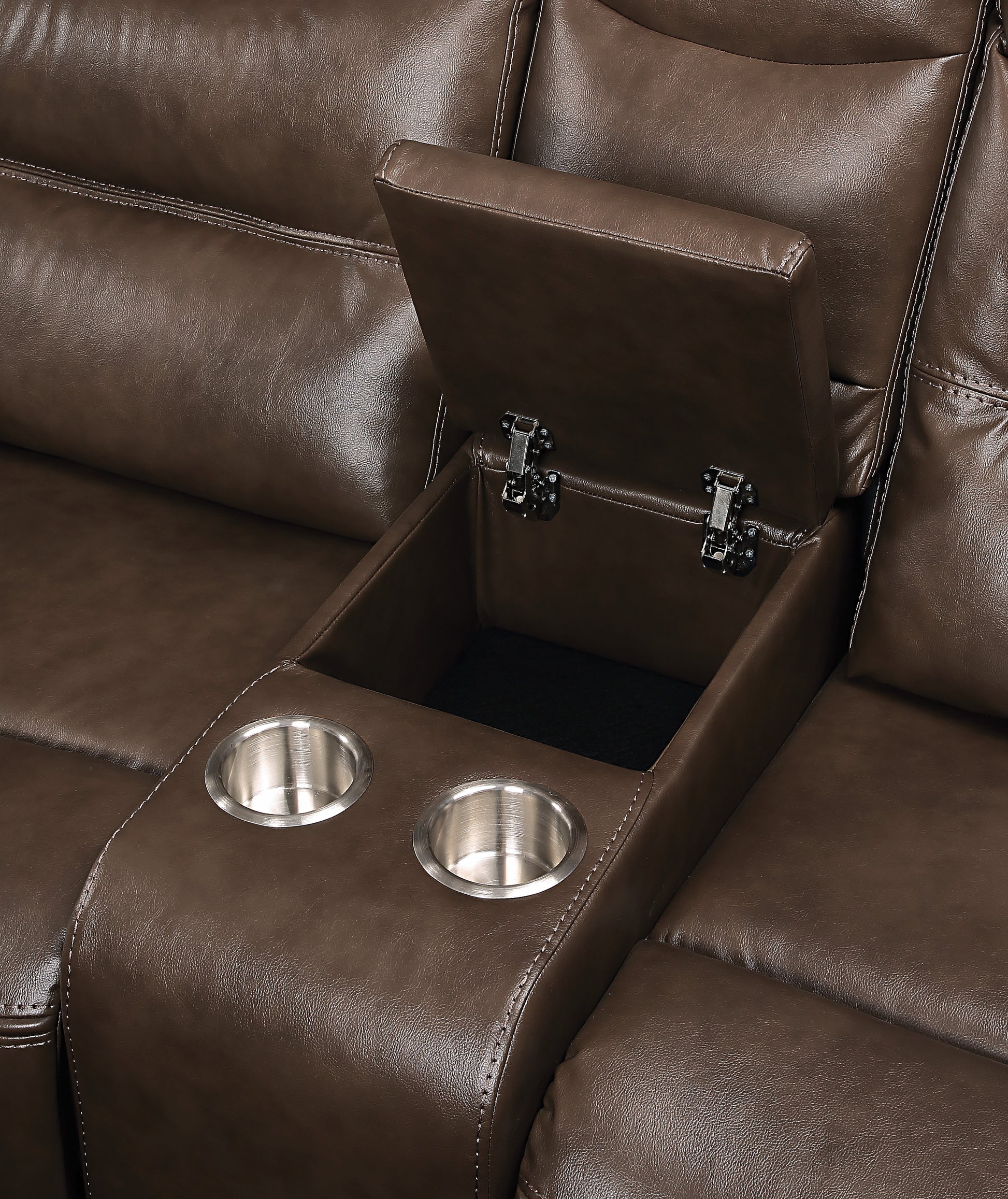 Brown leather reclining sofa section with dual cup holders and hidden storage compartment