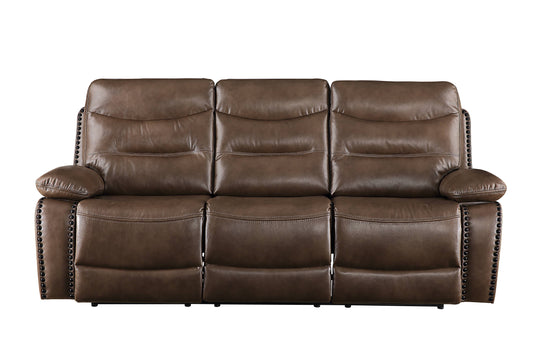 Brown faux leather threeseater recliner sofa with tufted back and nailhead trim details