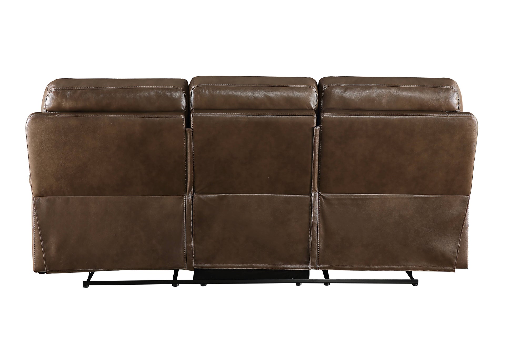 Back view of a brown leather reclining sofa with tufted cushions