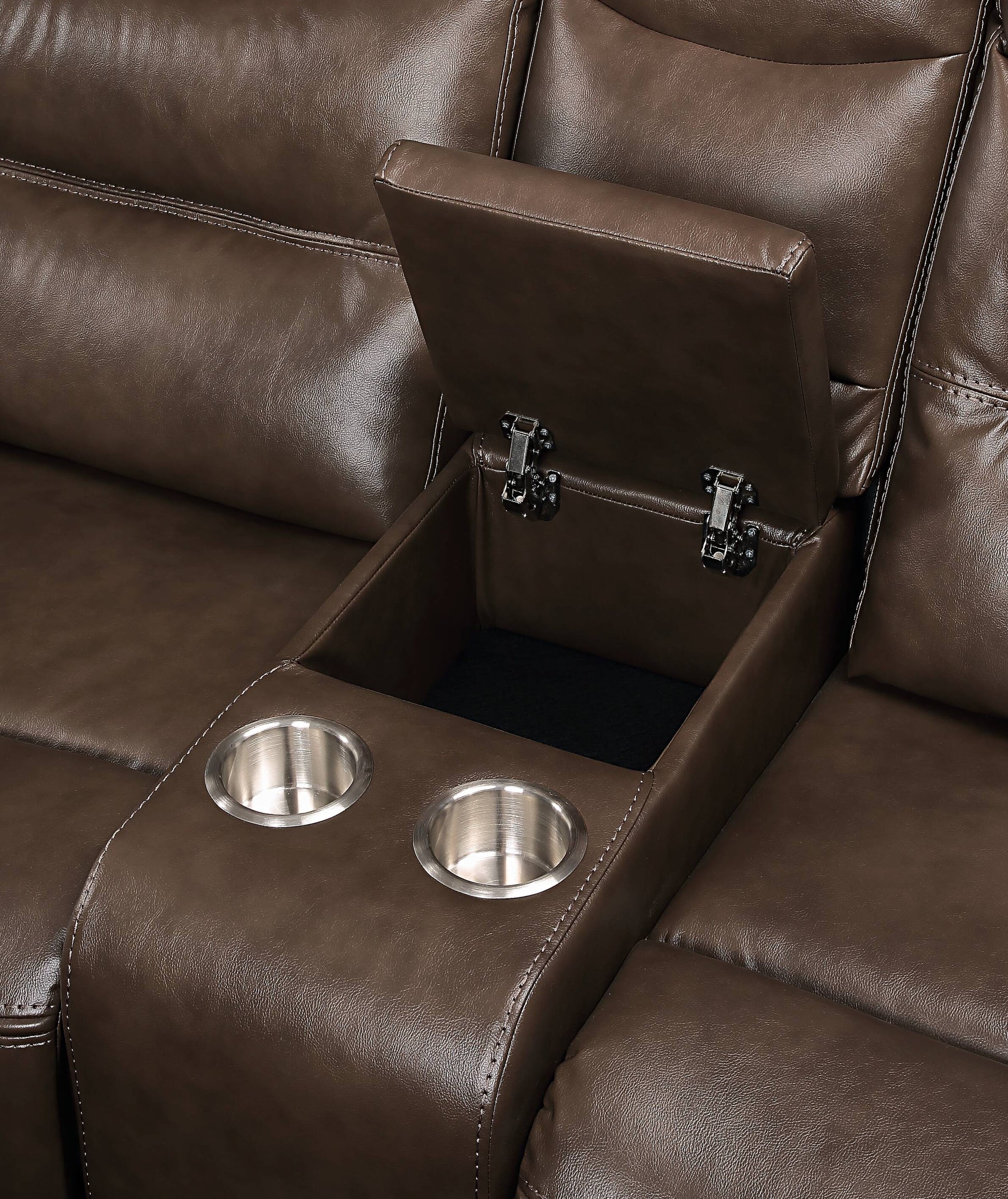 Brown faux leather sectional sofa with builtin cup holders and storage console