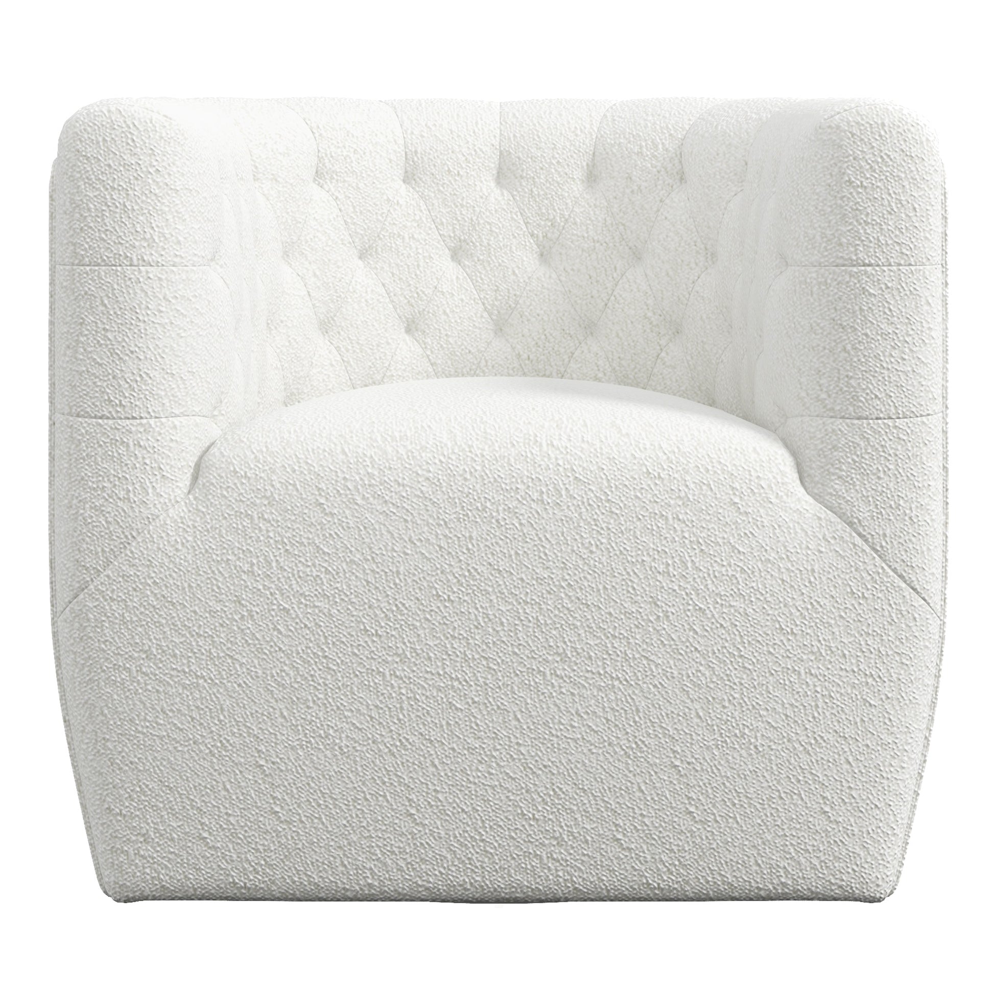 Cozy white boucl armchair with diamond tufting on the backrest