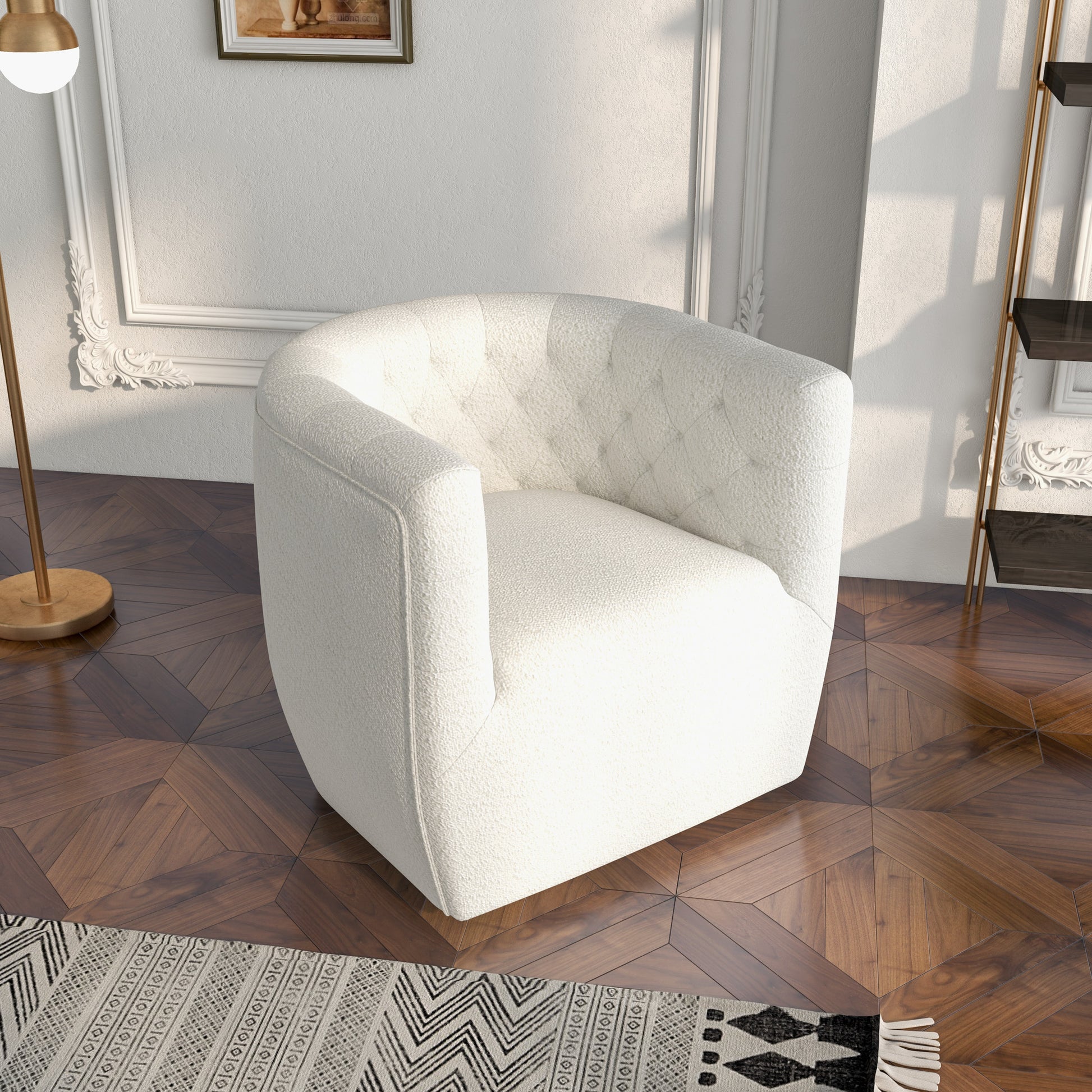 Comfortable boucle accent chair in cream featuring diamond tufting for a plush look