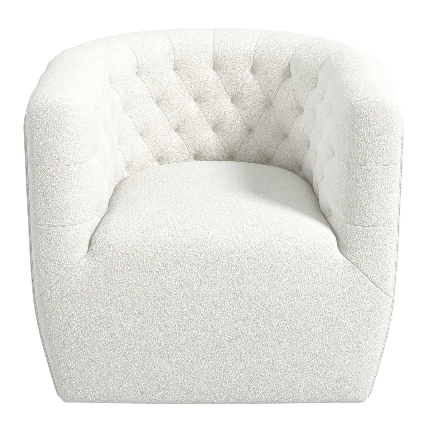 White boucle tufted accent chair with rounded silhouette and plush seating