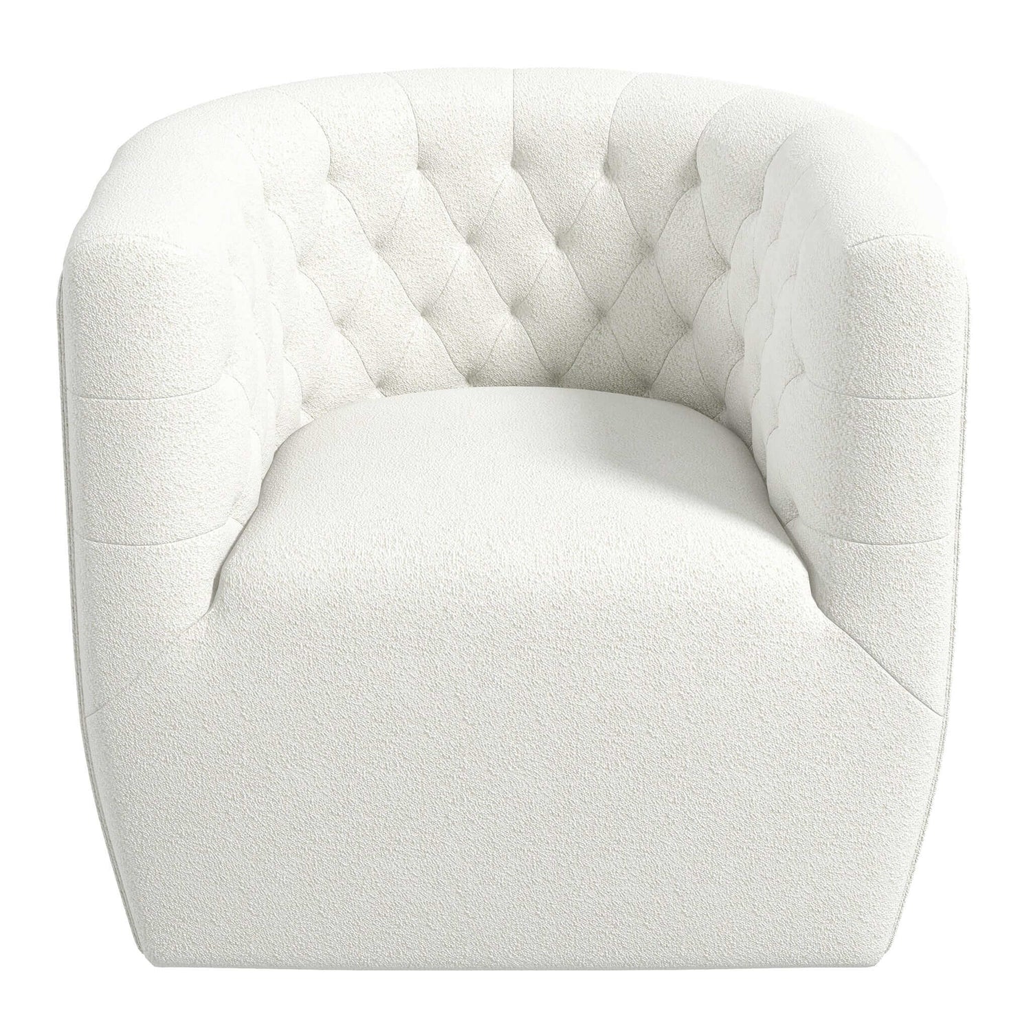 White boucle tufted accent chair with rounded silhouette and plush seating