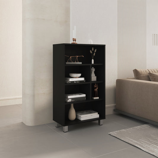 Black modern bookshelf with multiple shelves and silver legs