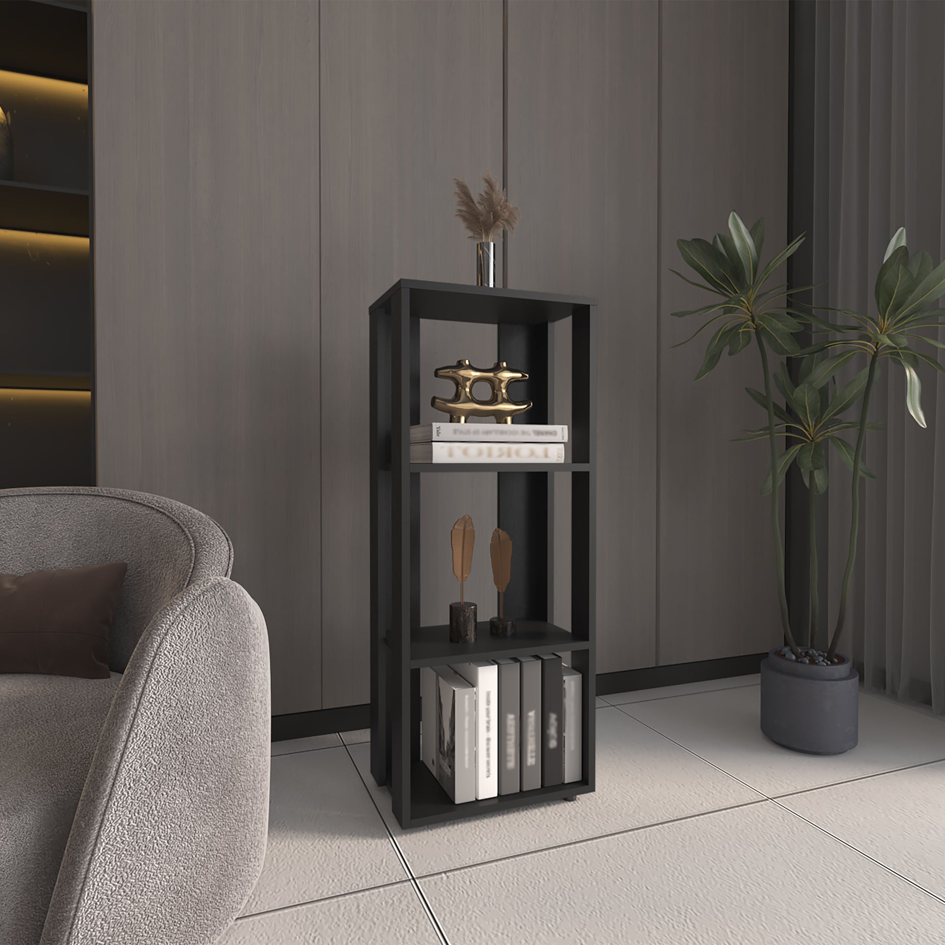 Modern black cube bookshelf with decorative items and books displayed