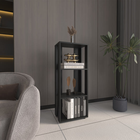 Modern black cube bookshelf with decorative items and books displayed