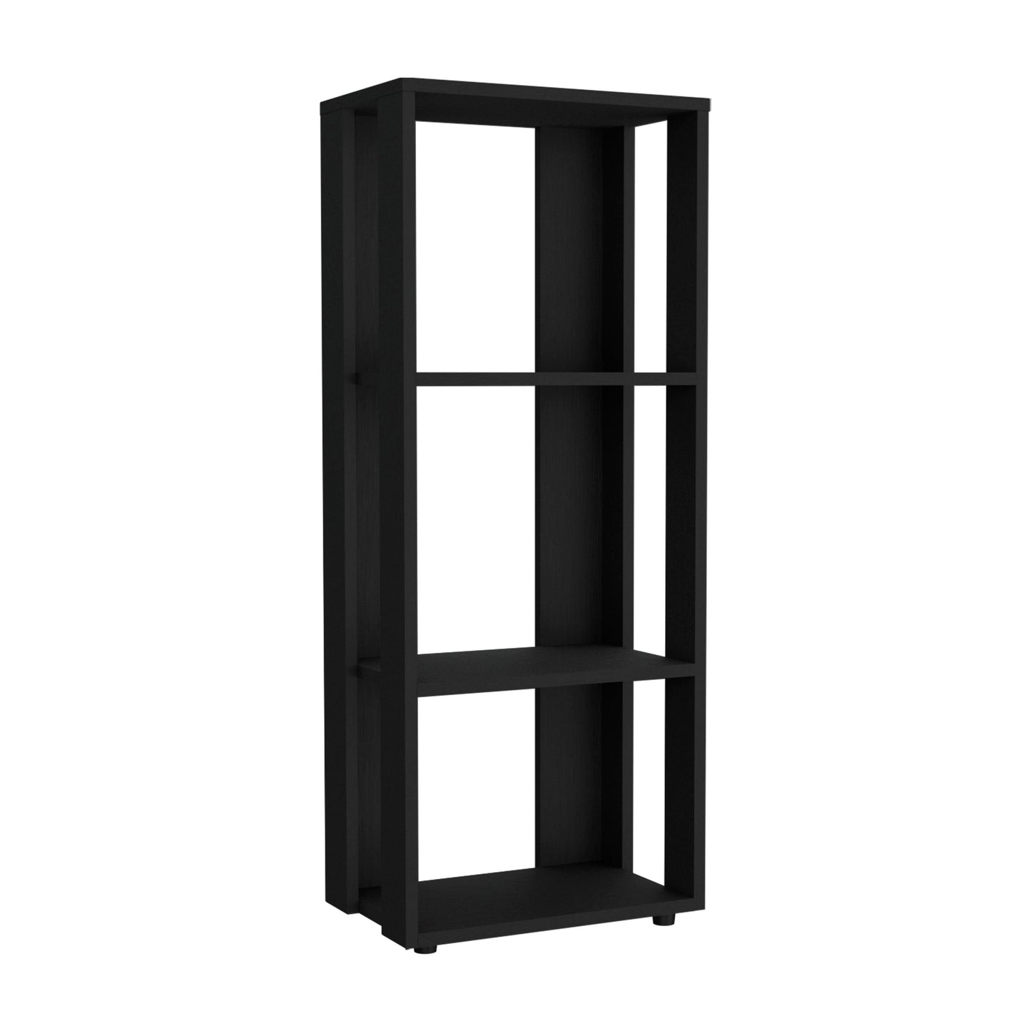 Sleek black tall bookshelf with three open shelves for modern home decor