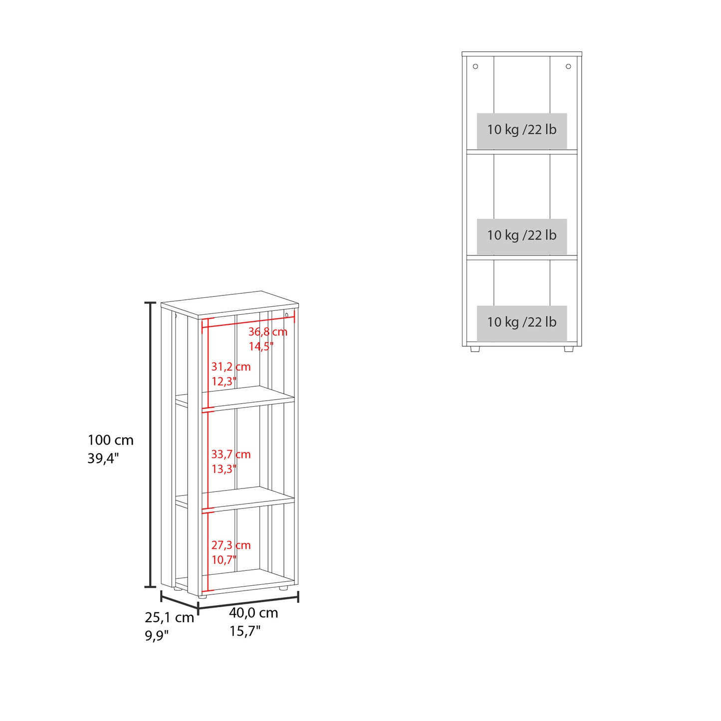 Line drawing of a white threeshelf bookcase with dimensions indicated