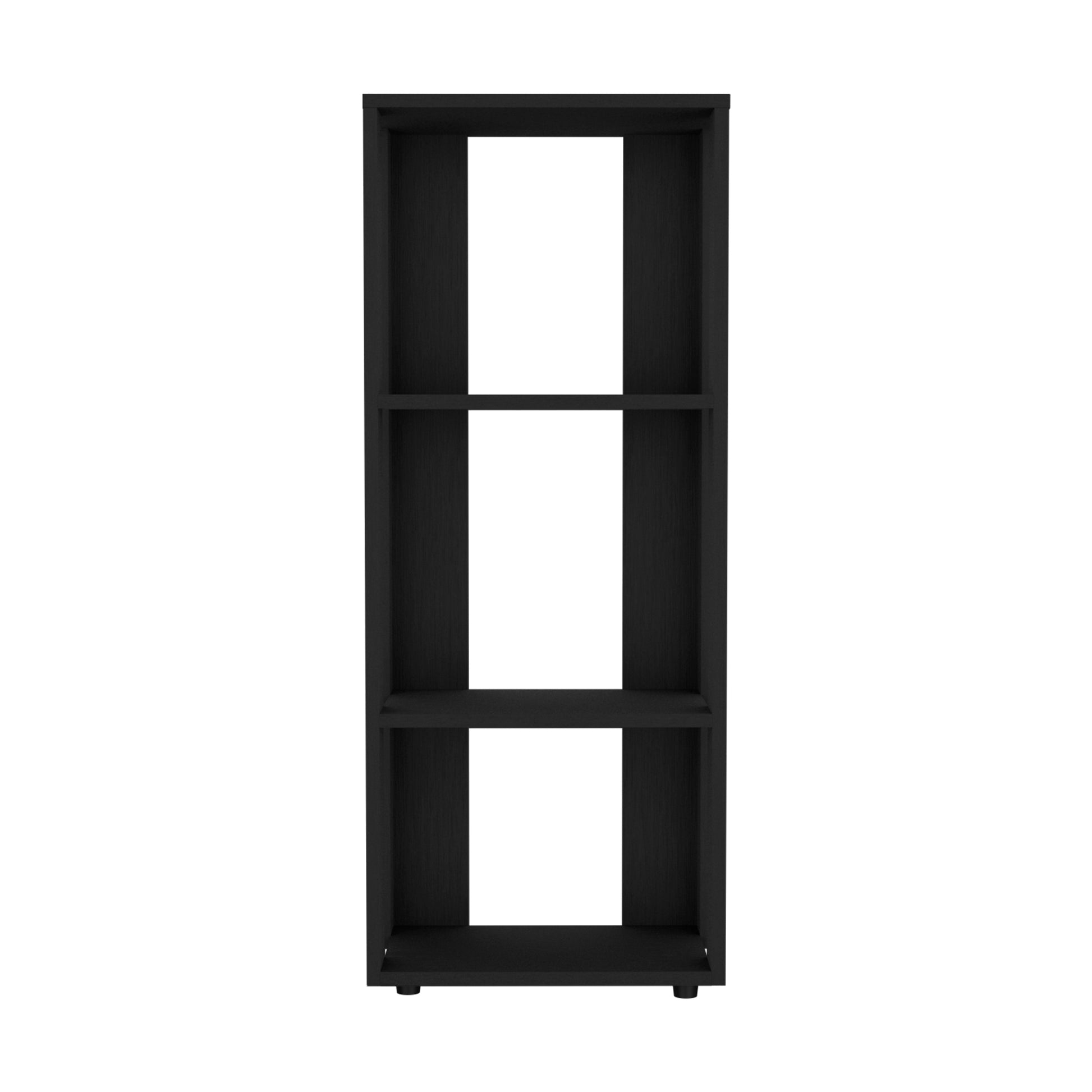 Sleek black threetier bookshelf with open shelves perfect for modern home organization