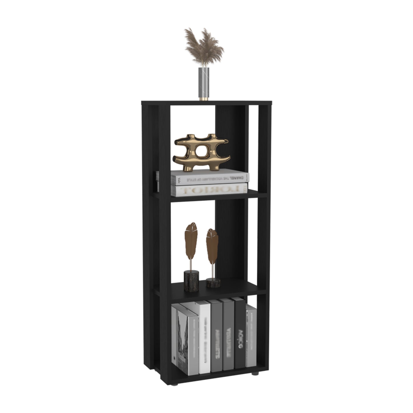 Tall black modern bookshelf with decorative items and books displayed