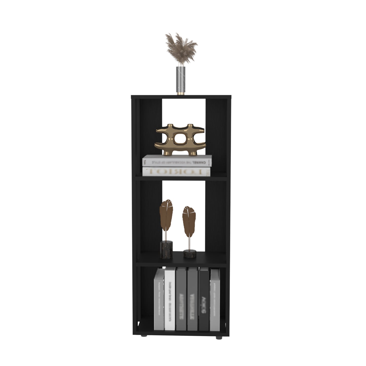 Black modern tier bookshelf with decorative items