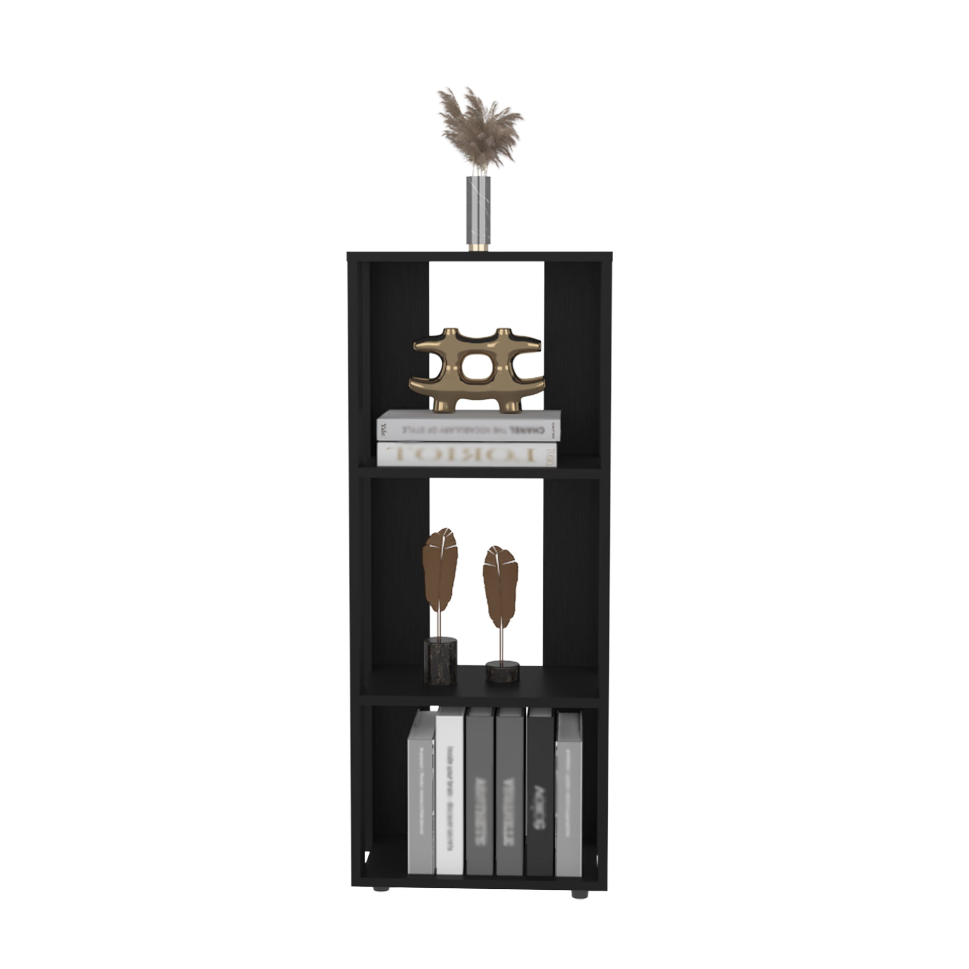 Black modern tier bookshelf with decorative items