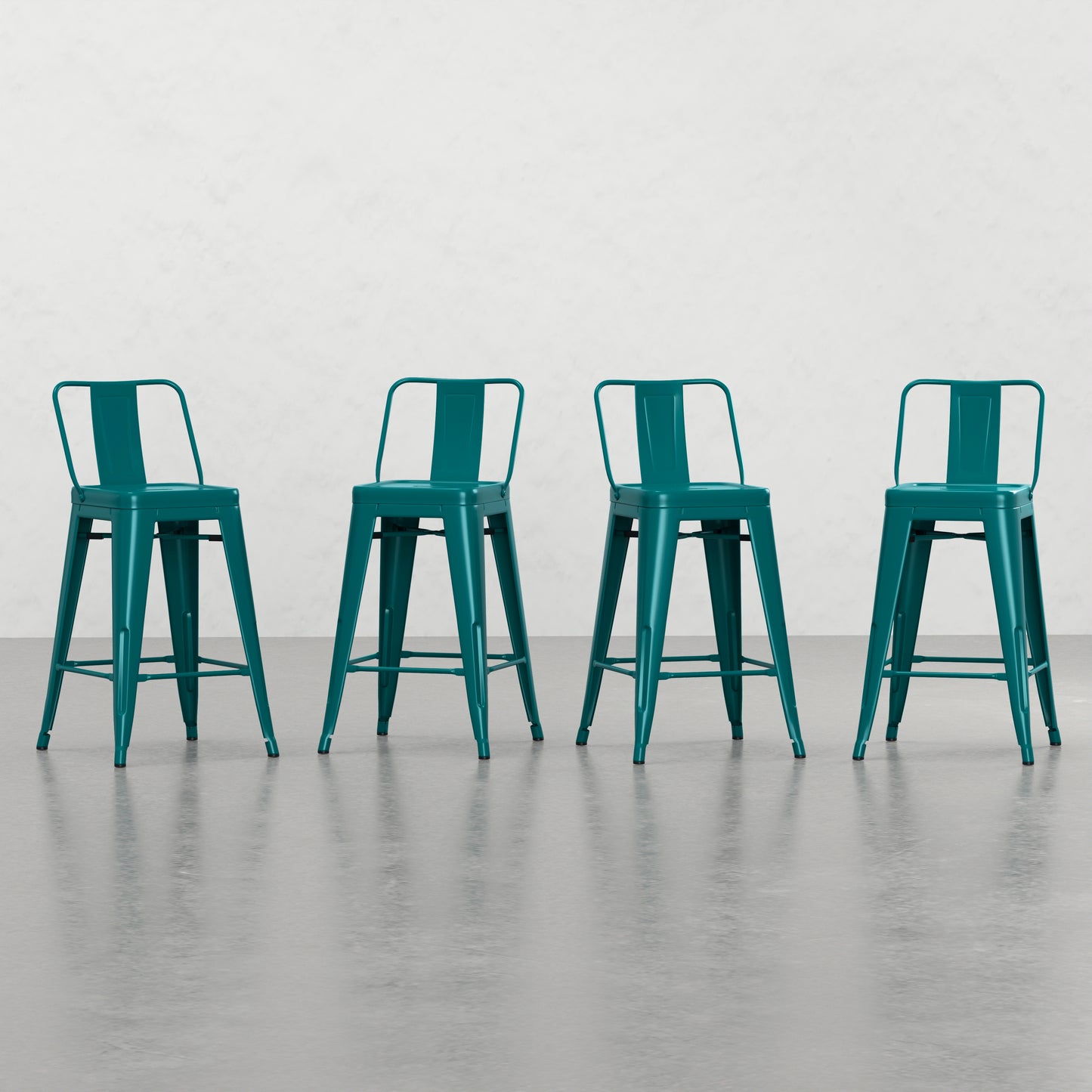 Teal industrial metal bar stool with backrest and footrest set of four